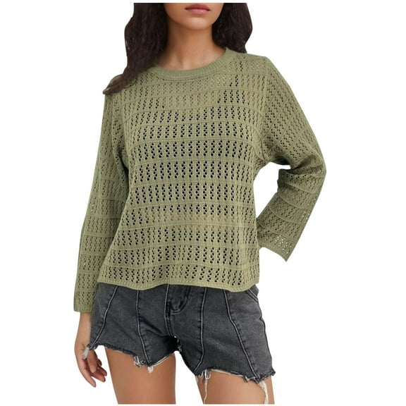 Olyvenn New Fashion Womens Spring Crochet Cover Ups Long Sleeve Oversized Beach Mesh Top Streetwear Knitted Vacation Suit Cover Up Green 8