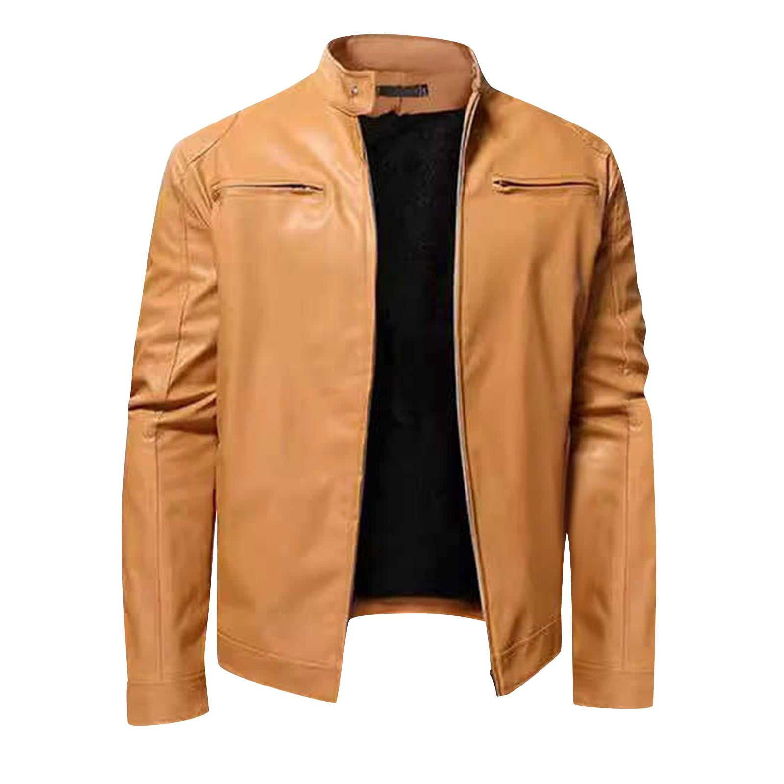 Olyvenn New Trending Men Faux Leather Zip Up Jacket Stand Collar