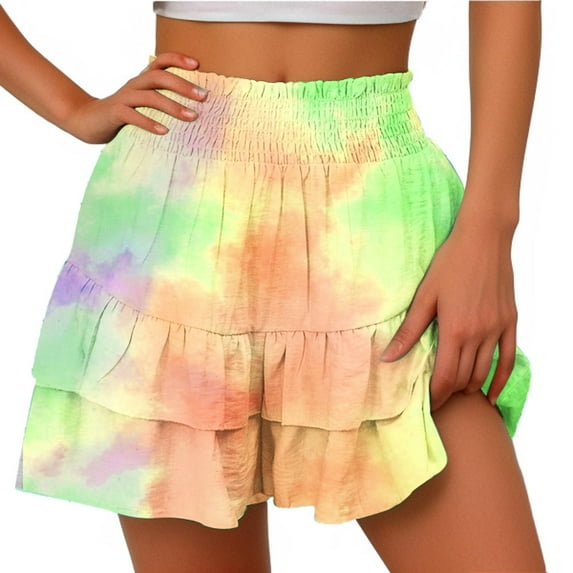 Olyvenn New summer arrivals Women Tie Dye Print Ruffle Shorts High Waist Summer Shorts Beach Shorts Skorts Flowy Shorts with Pockets A Line Shorts Yellow 8