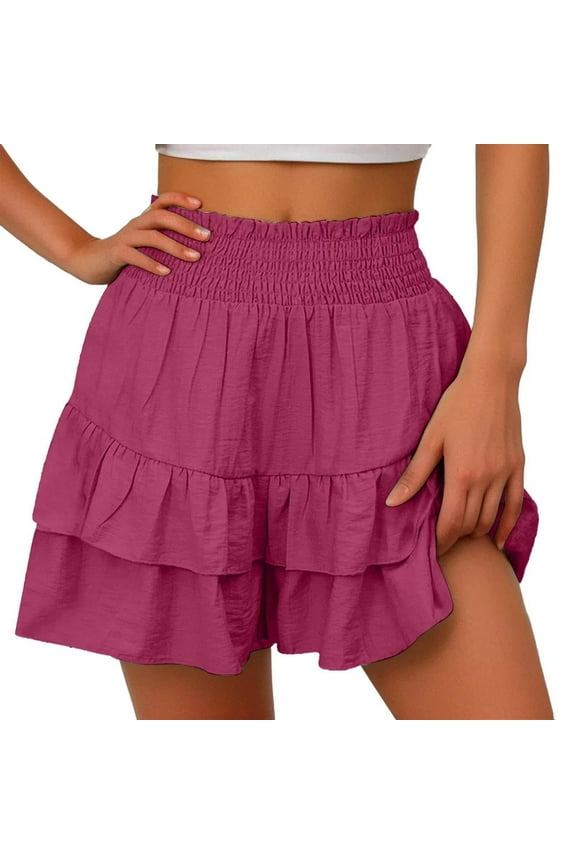 New summer arrivals Women's Ruffle Hem Shorts High Waist Skorts Summer Solid Shorts A-Line Mini Skirts with Pockets Hot Pink 8