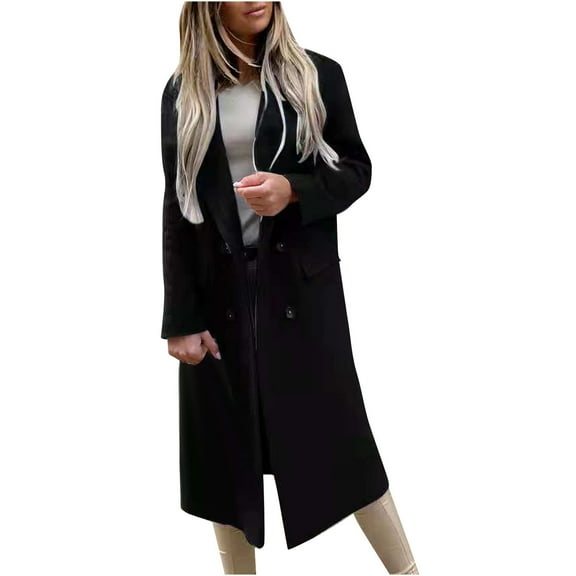 Olyvenn Nizi Tweed Overcoat Windbreaker Autunm And Winter Womens Slim Button Lapel Casual Long Coat Pocket Long Sleeve Suit Collar Solid Cardigan Double Breasted Female Outerwear Black XL