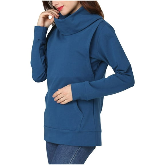 Olyvenn Nursing Sweater Solid Color Tunic Breastfeeding High Neck Sweatshirts with Pocket Top Maternity Jumper 2025 Pregnant Blue 4