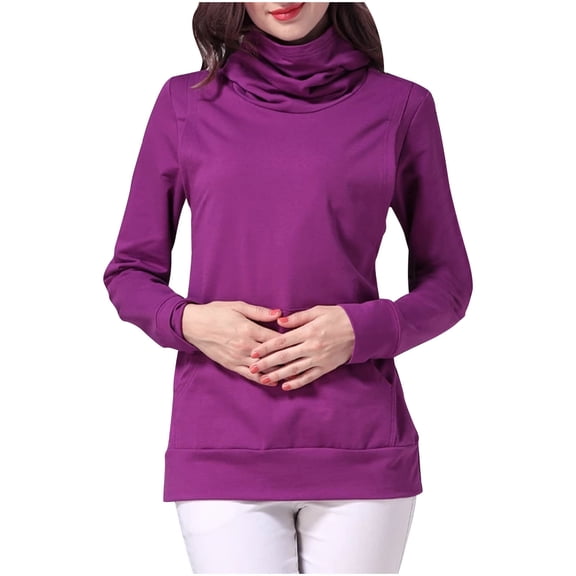Olyvenn Nursing Sweater Solid Color Tunic Breastfeeding High Neck Sweatshirts with Pocket Top Maternity Jumper 2025 Pregnant Purple 8