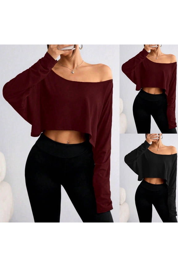 Off Shoulder Crop Top for Women Workout Gym Dance Top Summer Fall Top Boat Neck Loose Casual Long Sleeve T Shirt Black S