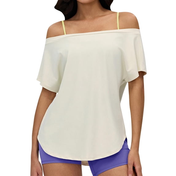 Olyvenn Off-The-Shoulder Tops for Women Short Sleeve Asymmetrical Neck Loose Summer Breathable Casual Athletic Gym Tops White L