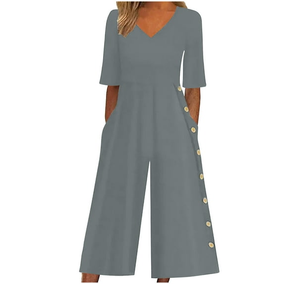 Olyvenn One Piece Jumpsuits for Women 2025 Trendy Short Sleeve V Neck Button Onesie Wide Leg Pants Rompers with Pockets Gray 8