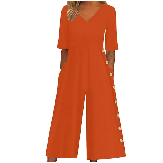 Olyvenn One Piece Jumpsuits for Women 2025 Trendy Short Sleeve V Neck Button Onesie Wide Leg Pants Rompers with Pockets Orange 12