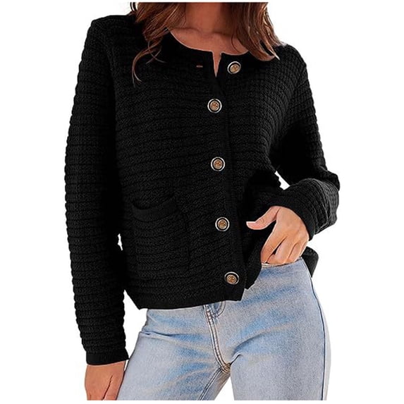 Olyvenn Open Front Cardigan Sweaters for Women Button Down Long Sleeve Casual Cute Knitted Shirts with Pockets Black 8