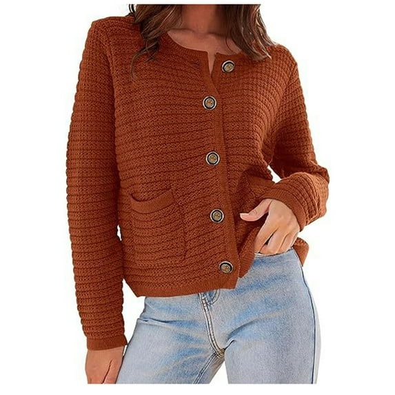 Olyvenn Open Front Cardigan Sweaters for Women Button Down Long Sleeve Casual Cute Knitted Shirts with Pockets Brown 6