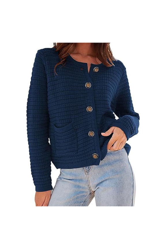 Open Front Cardigan Sweaters for Women Button Down Long Sleeve Casual Cute Knitted Shirts with Pockets Dark Blue 4