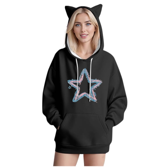 Olyvenn Oversized Cat Ears Hoodies for Women Trendy Casual Pullover Sweatshirt Loose Long Sleeve Star Print Cute Graphic Tunic Tops Black M