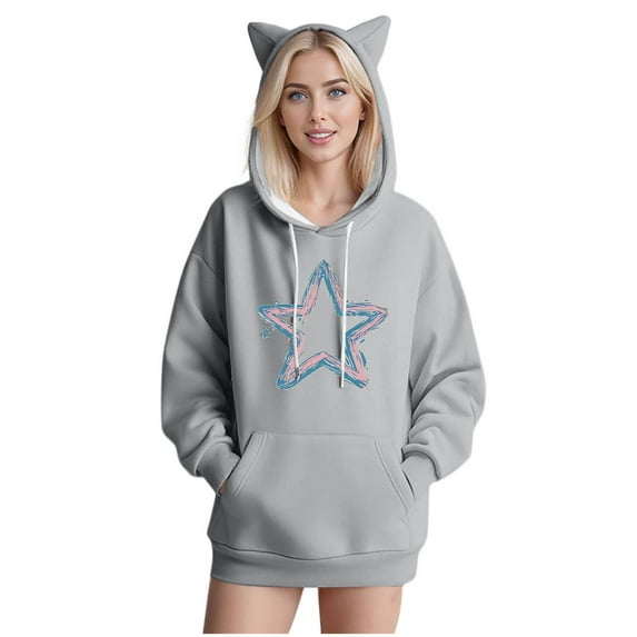 Olyvenn Oversized Cat Ears Hoodies for Women Trendy Casual Pullover Sweatshirt Loose Long Sleeve Star Print Cute Graphic Tunic Tops Gray S