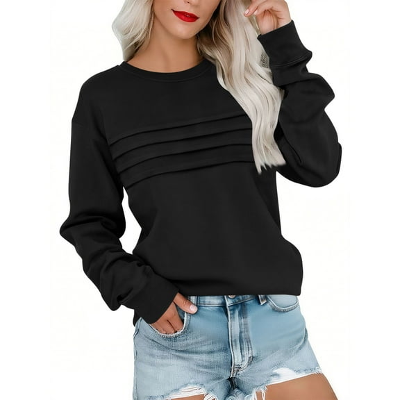 Olyvenn Oversized Crewneck Sweatshirt Women Solid Fleece Pullover Sweatshirts Fall Trendy Pleated Long Sleeve Sweat Shirts Black S