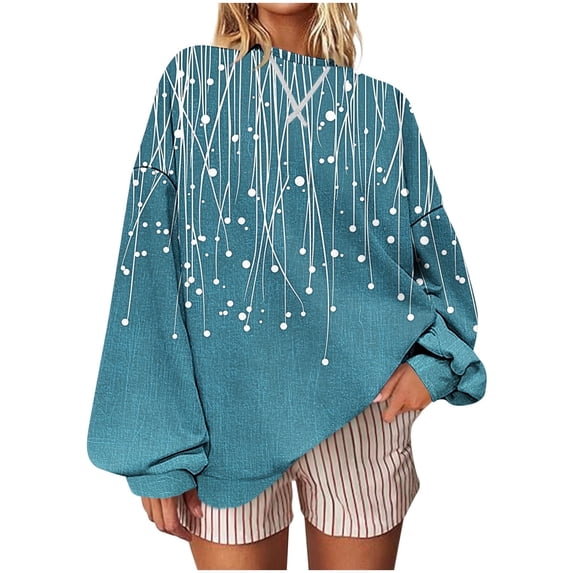 Olyvenn Oversized Crewneck Sweatshirt for Women Dot Print Pullover Long Sleeve Loose Tunic Tops 2025 Fall Drop Shoulder Blouse Green L