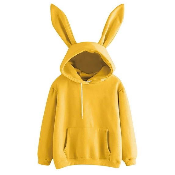 Olyvenn Oversized Hoodies for Teen Girls Cute Bunny Ears Hoodies Kawaii Rabbit Ear Hooded Sweatshirts Teen Girl Clothes Tops Yellow 12-14