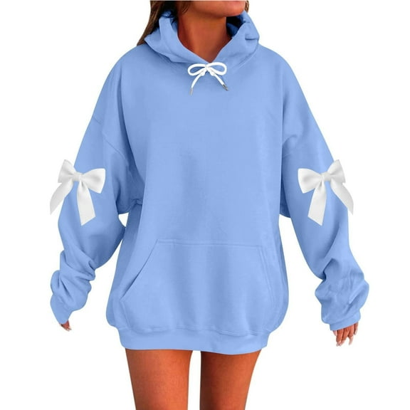 Olyvenn Oversized Hoodies for Women Fleece Lined Bow Drop Shoulder Long Sleeve Hooded Sweatshirt Fall Trendy Pullover Outfits Light Blue XXXXXL