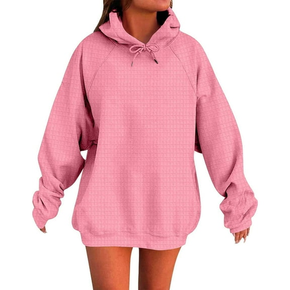 Olyvenn Oversized Hoodies for Women Long Sleeve Drawstring Waffle Pullover Tops 2025 Loose Hooded Sweatshirt with Pocket Pink S