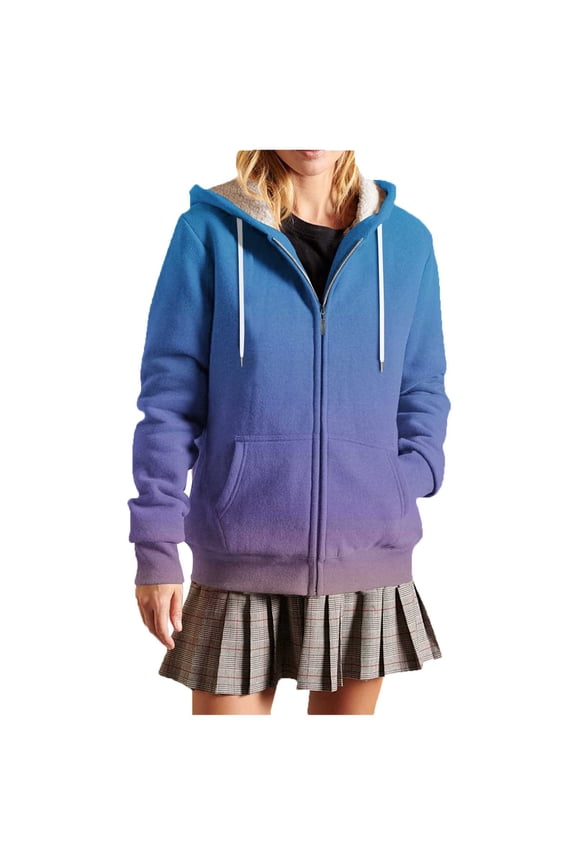 Oversized Print Hooded Zip Up Jacket with Drawstring Pockets Soft Lined Hood Kangaroo Pocket Casual Wear for Daily Use Lightweight Comfortable Women's Fashion Blue L