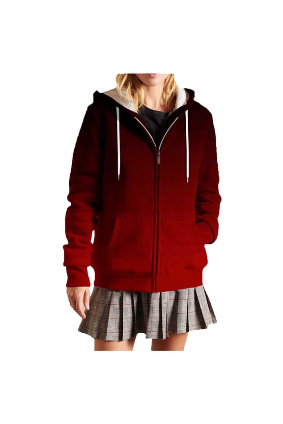 Oversized Print Hooded Zip Up Jacket with Drawstring Pockets Soft Lined Hood Kangaroo Pocket Casual Wear for Daily Use Lightweight Comfortable Women's Fashion Wine XXL