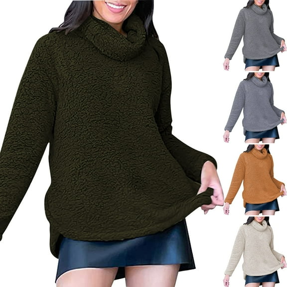 Olyvenn Oversized Sweaters for Women Turtleneck Tops Fuzzy Fleece Sweatshirt Long Sleeve Pullover Sweater Fluffy Sweatshirts Army Green S