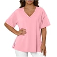 thumbnail image 1 of Olyvenn Oversized Tops for Women Loose Fit V Neck Side Split Shirts Comfy Short Sleeve Plain Pullover Tee 2026 Summer Fashion Top Pink XL, 1 of 6
