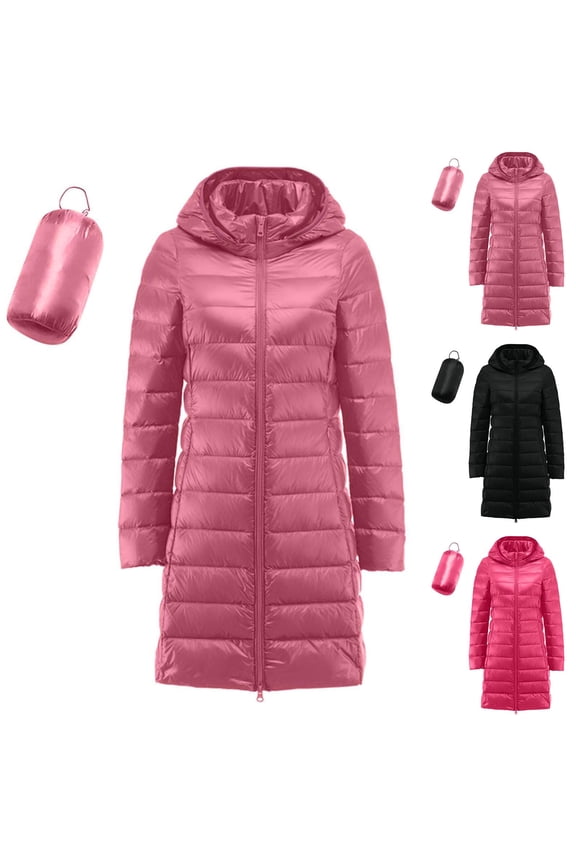 Packable Down Jacket Women Lightweight Full Zip Puffer Jackets Casual Warm Stand Collar Quilted Winter Coat with Hood Black L