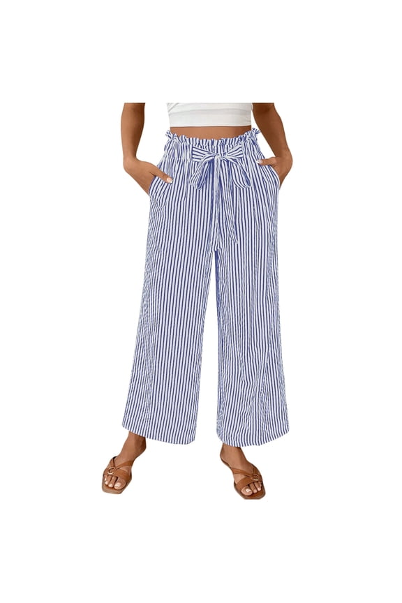 Palazzo Pants for Women 2025 Fall Striped Flowy Tie Knot Wide Leg High Waist Dressy Casual Work Pants Trousers Blue XL