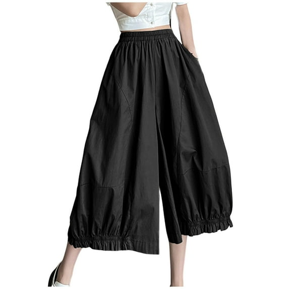Olyvenn Palazzo Pants for Women Culottes Stretch High Waisted Wide Leg Palazzo Pant Baggy Casual Flowy Y2k Trousers with Pocket Black 10