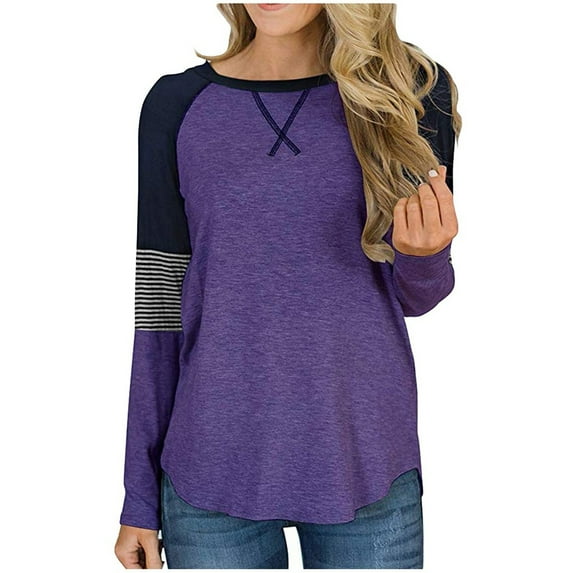 Olyvenn Patchwork Print T-Shirt Blouse Women's Plus Size Loose Female Casual Outwear Fashion Women's Round-Neck Long Sleeve for 2022 Women Tops Purple L