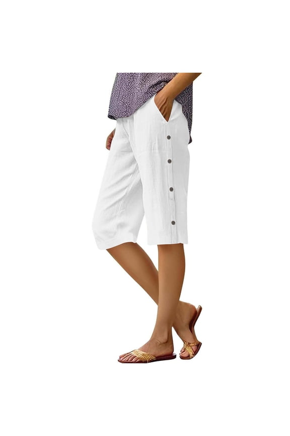 Pedal Pushers for Women Summer Pull On Bermuda Cotton Linen Shorts Knee Length Casual Beach Yoga Shorts with Pockets White XL
