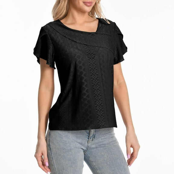 Olyvenn Petal Short Sleeve Eyelet Tops for Women Dressy Casual Summer Trendy Collar V Neck Tee Shirts Ladies Elegant Blouses Black L