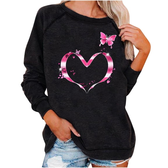 Olyvenn Pink Breast Cancer Women's Sweatshirt Round Neck Solid Print Clothes Long Sleeve Dressy Casual Awearness Pullover Black XL