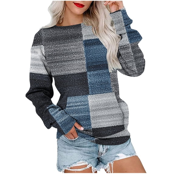 Olyvenn Plaid Sweatshirt for Women Casual Crewneck Sweaters Soft Graphic Sweatshirts 2025 Trendy Outfits with Pocket Navy L