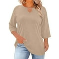 thumbnail image 1 of Olyvenn Plus Size 3/4 Length Sleeve Womens Tops Keyhole Crewneck Shirts Business Dressy Casual Tunic Blouses Summer Basic Tees Khaki XXXXXL, 1 of 8