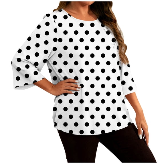 Olyvenn Plus Size Blouses for Women Dressy Casual 3/4 Sleeve Loose Polka Dots Printed Tunic Shirts Spring Fashion Clothing Party Outfits White L