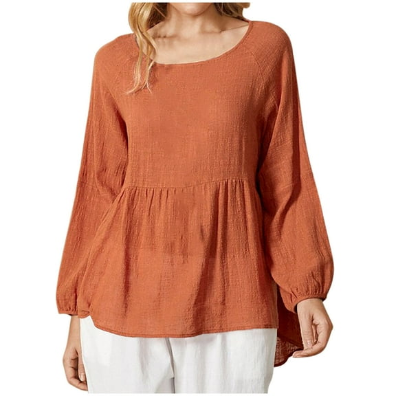 Olyvenn Plus Size Cotton Linen Shirts for Women Casual Crewneck Peplum Blouse Lantern Long Sleeve Lightweight Tunic Tops Orange S
