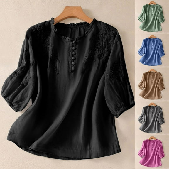 Olyvenn Plus Size Embroidered Tops for Women Summer Cotton Linen Shirt Trendy Round Neck Tees Casual Short Sleeve Top Army Green L