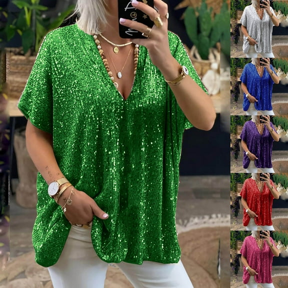 Olyvenn Plus Size Sequin Tops for Women Elegant Evening Sparkle Sequin Dressy Flowy Shirts V Neck Short Sleeve Loose Blouse Blue L
