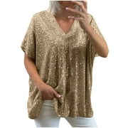Olyvenn Plus Size Sequin Tops for Women Elegant Evening Sparkle Sequin Dressy Flowy Shirts V Neck Short Sleeve Loose Blouse Gold L