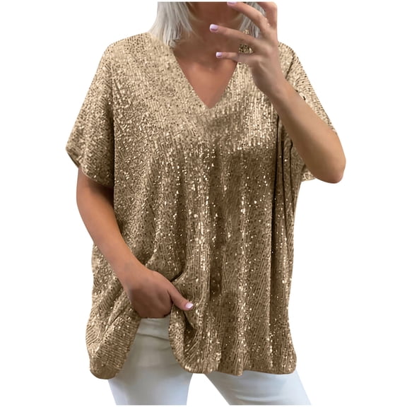 Olyvenn Plus Size Sequin Tops for Women Elegant Evening Sparkle Sequin Dressy Flowy Shirts V Neck Short Sleeve Loose Blouse Gold XXL
