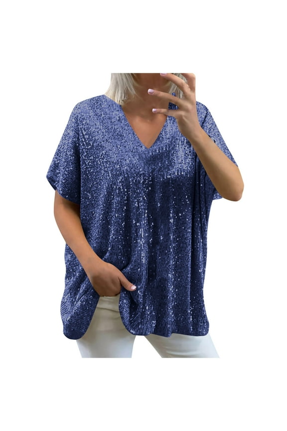 Plus Size Sequin Tops for Women Elegant Evening Sparkle Sequin Dressy Flowy Shirts V Neck Short Sleeve Loose Blouse Navy S
