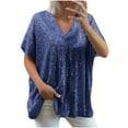 thumbnail image 1 of Olyvenn Plus Size Sequin Tops for Women Elegant Evening Sparkle Sequin Dressy Flowy Shirts V Neck Short Sleeve Loose Blouse Navy XXL, 1 of 5