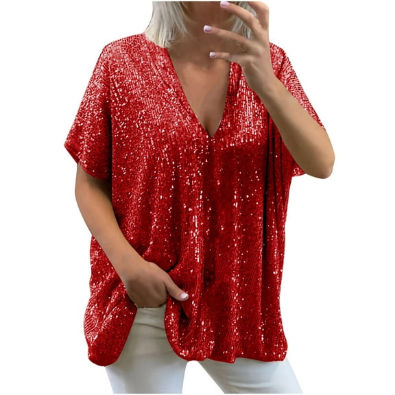 Olyvenn Plus Size Sequin Tops for Women Elegant Evening Sparkle Sequin Dressy Flowy Shirts V Neck Short Sleeve Loose Blouse Red S