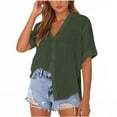 thumbnail image 1 of Olyvenn Plus Size Short Sleeve Button Down Shirts for Women Collared Cotton Linen Summer Tops Casual Blouses Army Green XXL, 1 of 7