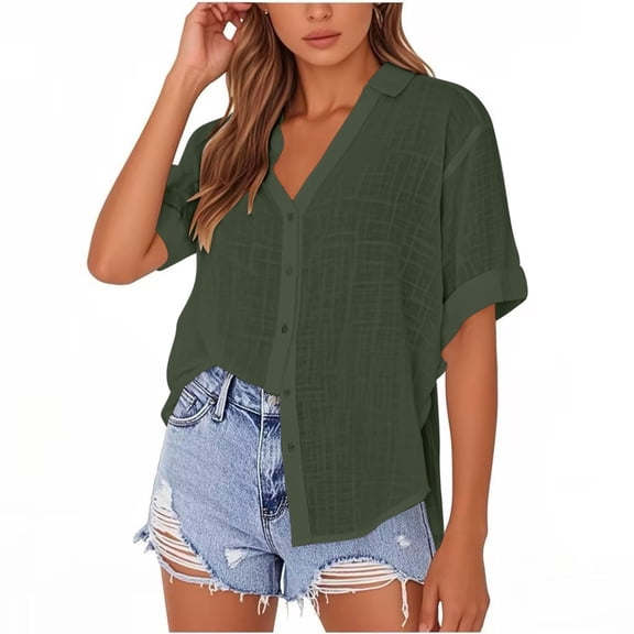 Olyvenn Plus Size Short Sleeve Button Down Shirts for Women Collared Cotton Linen Summer Tops Casual Blouses Army Green XXL
