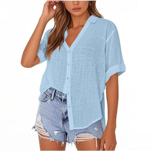 Olyvenn Plus Size Short Sleeve Button Down Shirts for Women Collared Cotton Linen Summer Tops Casual Blouses Sky Blue XXL