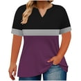 thumbnail image 1 of Olyvenn Plus Size Short Sleeve Tops for Women Dressy Color Block V Neck Basic Tshirts Loose Fit Casual Trendy Oversized Tunic Tops Purple XXL, 1 of 5