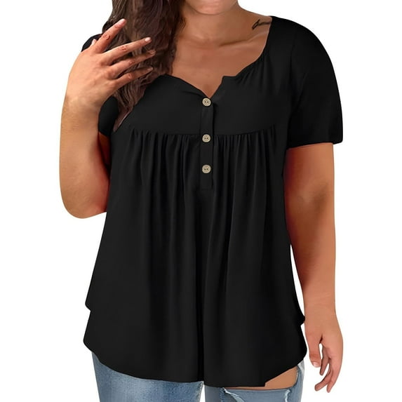 Olyvenn Plus Size Summer Tops for Women 2025 V-Neck Tunic Tops Short Sleeve Blouses Casual Basics Solid Henley Shirts Black XL
