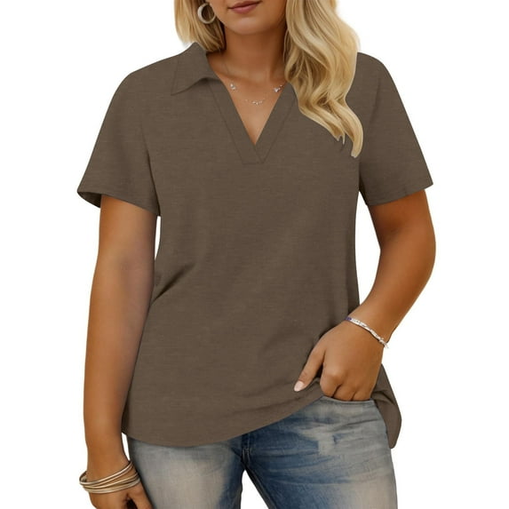 Olyvenn Plus-Size-Summer-Tops for Women Collared V Neck Button Collared Shirts Flowy Tunics Trendy Short Sleeve Blouses Brown XXXXXL
