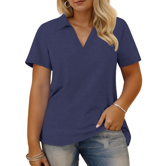 Olyvenn Plus-Size-Summer-Tops for Women Collared V Neck Button Collared Shirts Flowy Tunics Trendy Short Sleeve Blouses Dark Blue L